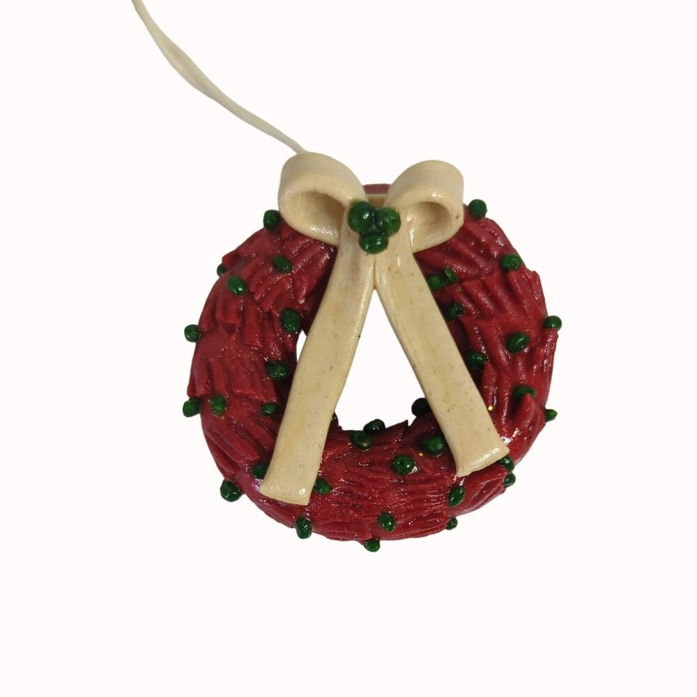 Vintage Polymer Clay Christmas Red Wreath Ornament White Bow Accent